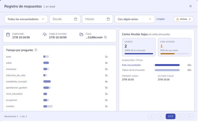 Registro de respuestas: tiempo por pregunta